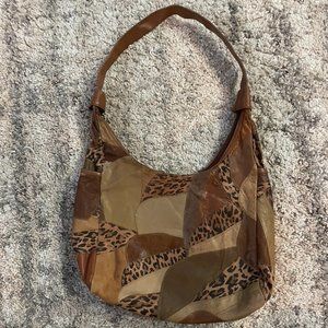 Brown Leather Animal Prink Patchwork Hobo Handbag